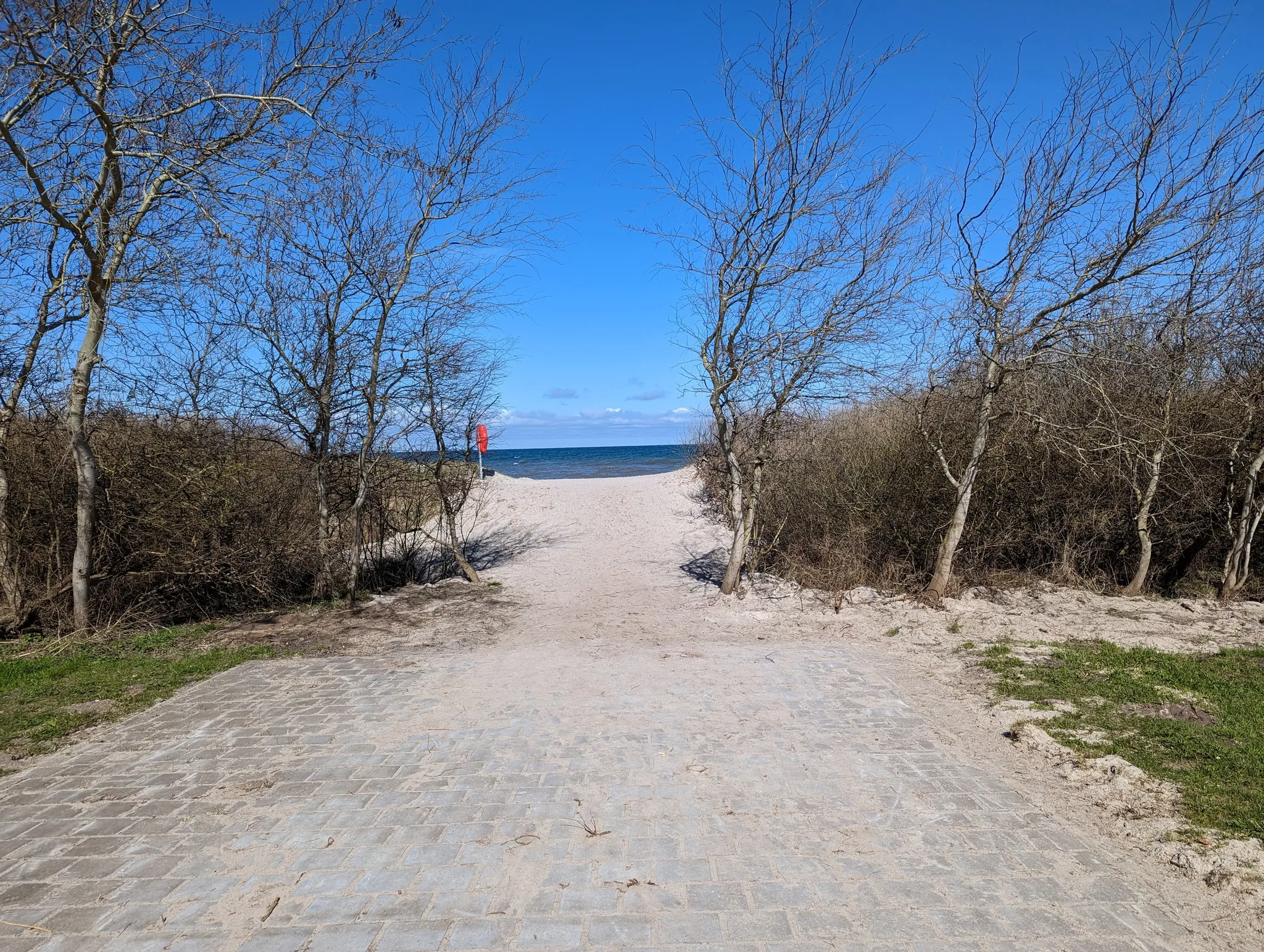 Gepflasterter Strandaufgang durch Dünenbüsche zum Ostseestrand Börgerende